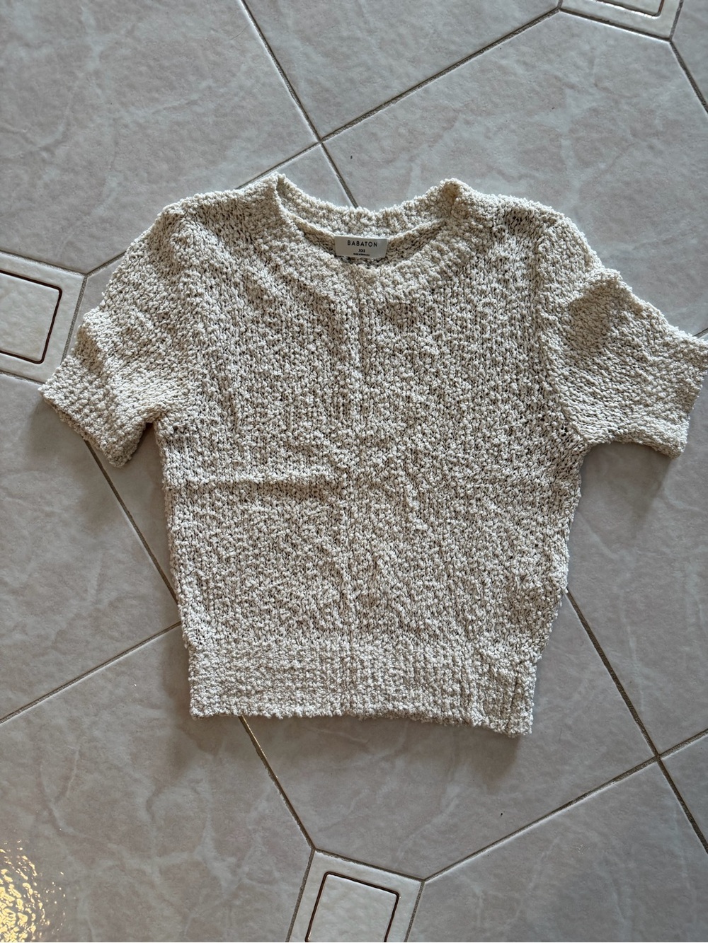 Babaton Cream Textured Short-Sleeve Crew Sweater
